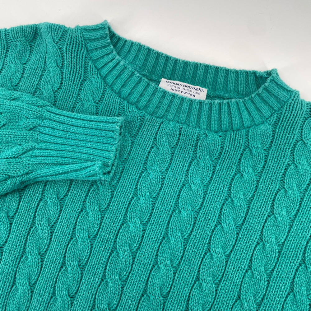 Brooks Brothers Cable Knit Sweater Mens L Teal Green Cotton Made in USA Crewneck